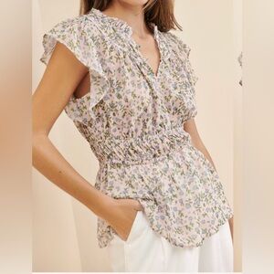 Pookie & Sebastian- Floral Peplum Blouse- Candy Pink/Golden Color